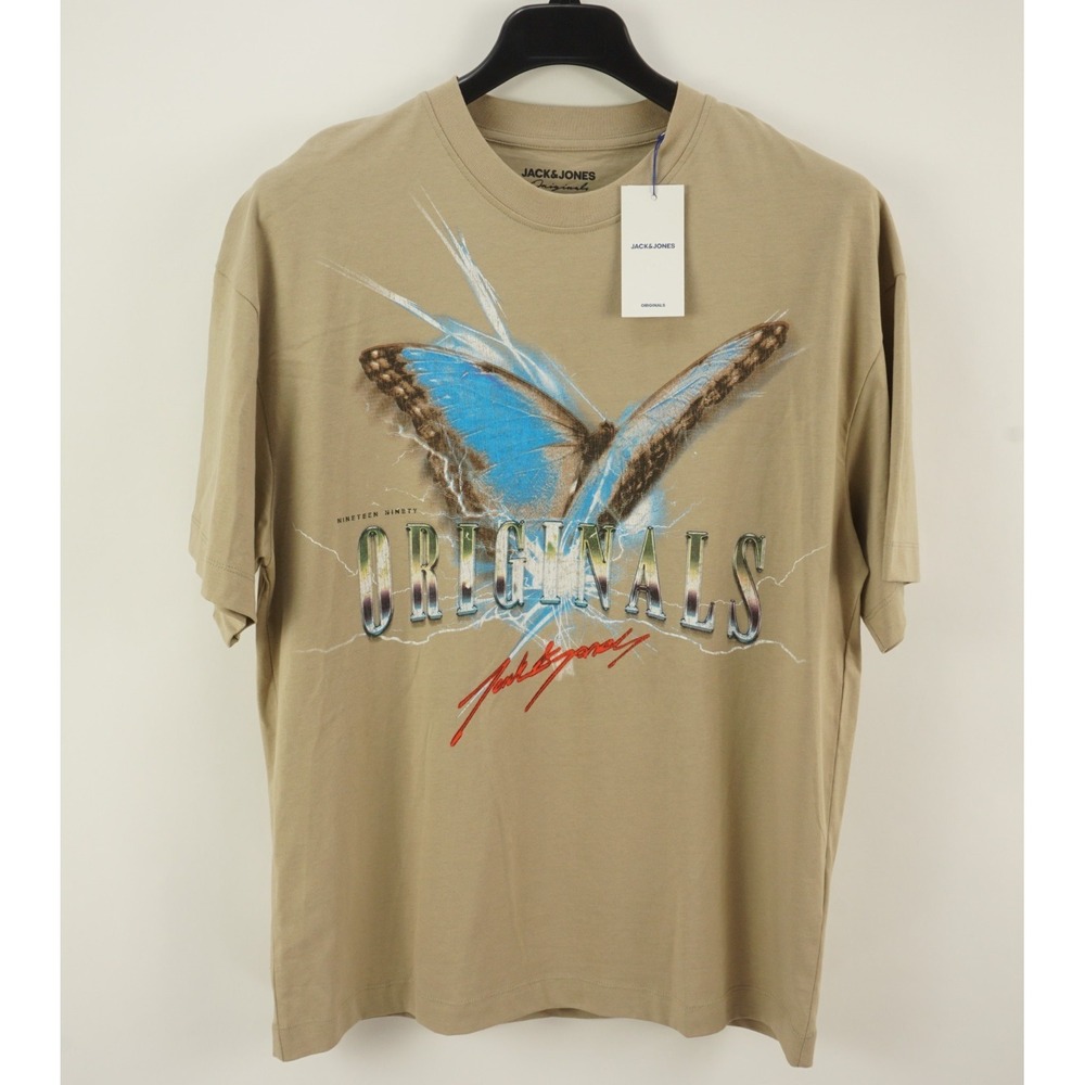 New Jack & Jones Men's Large Short Sleeve Tan Retro 90s Graphic Crew T-Shirt